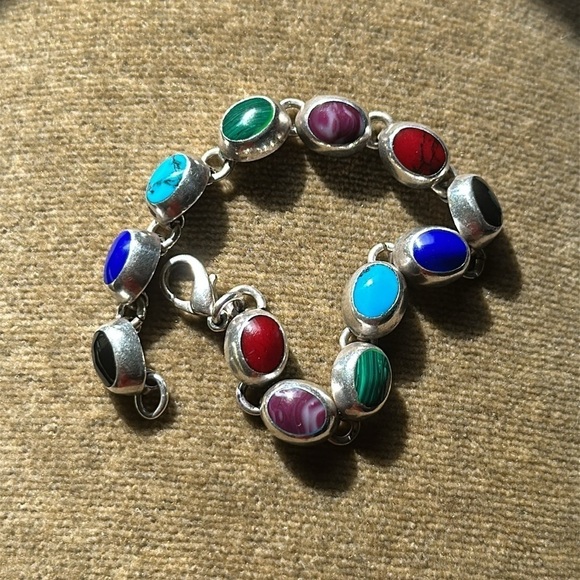 Vtg 23g Sterling Bracelet 6.5 Multi Gemstone Cabochon Onyx Lapis Coral 4127 B - Picture 12 of 12